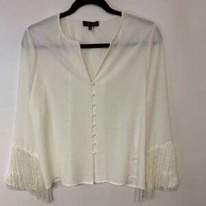 1.State Blouse White Fringe Feminine Sheer Romantic whimsical Boho Womens SZ S